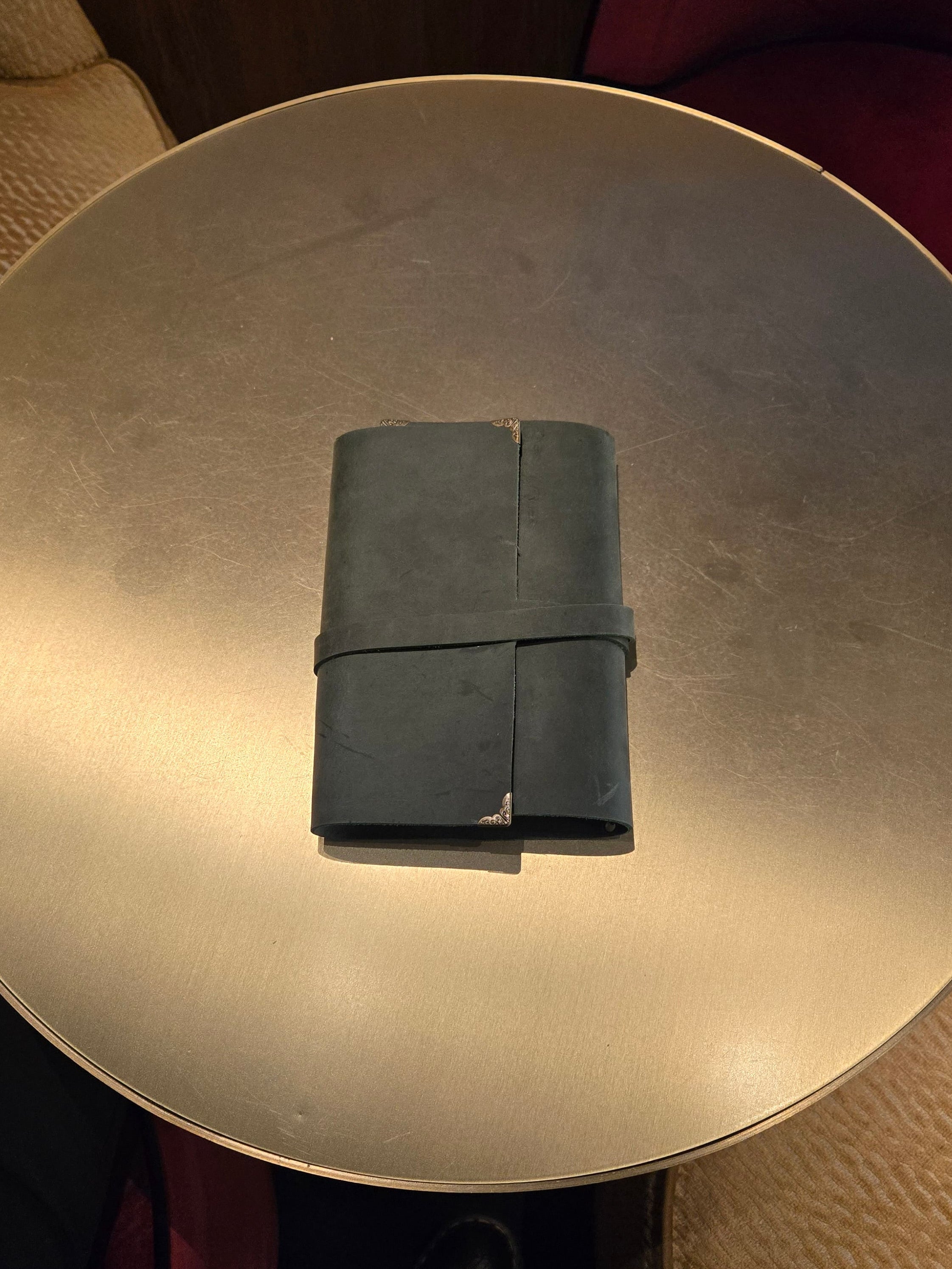 Dark Green Leather Tri-Fold Notebook Cover with leather wrap around closure