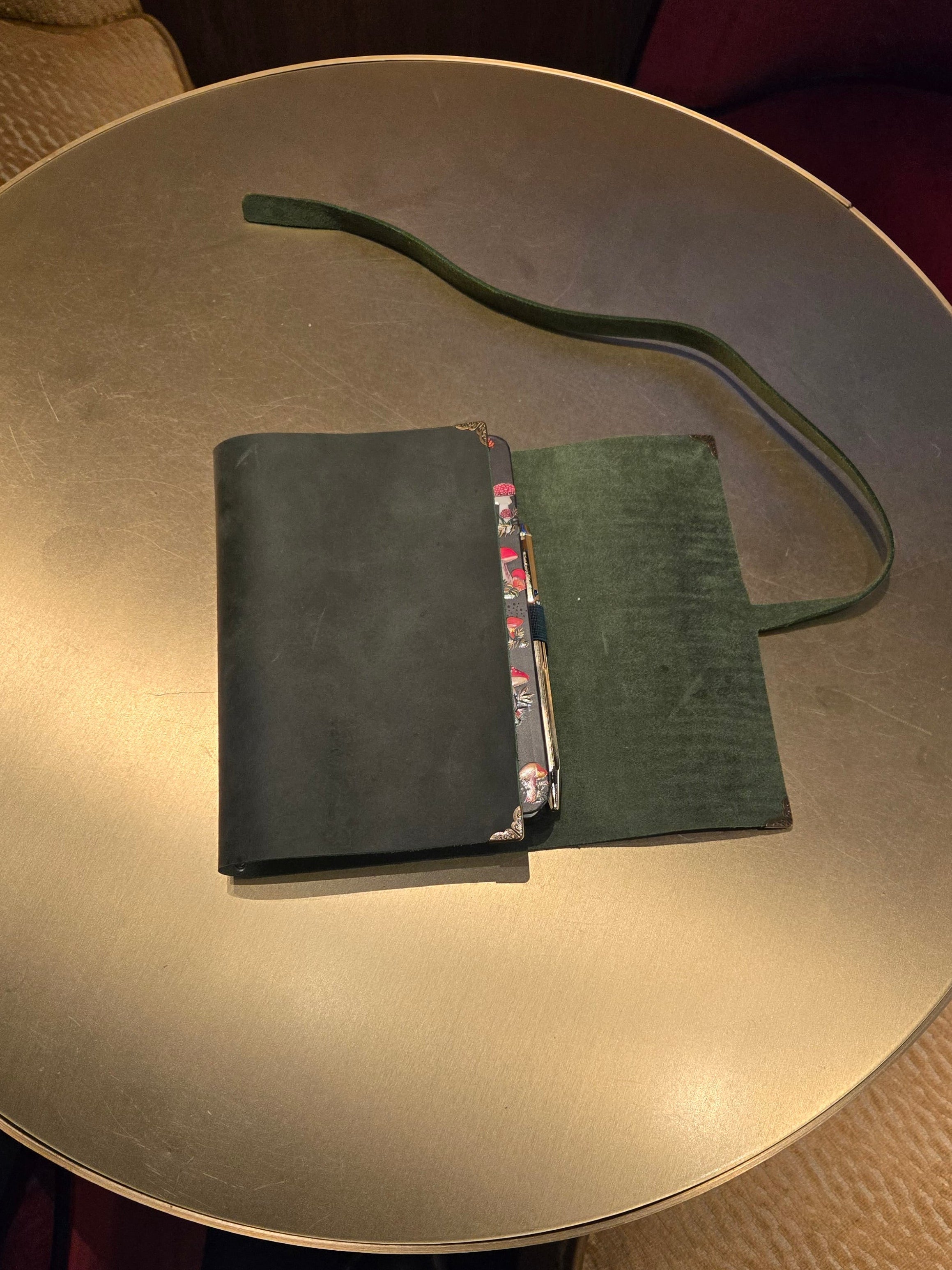 Dark Green Leather Tri-Fold Notebook Cover with leather wrap around closure