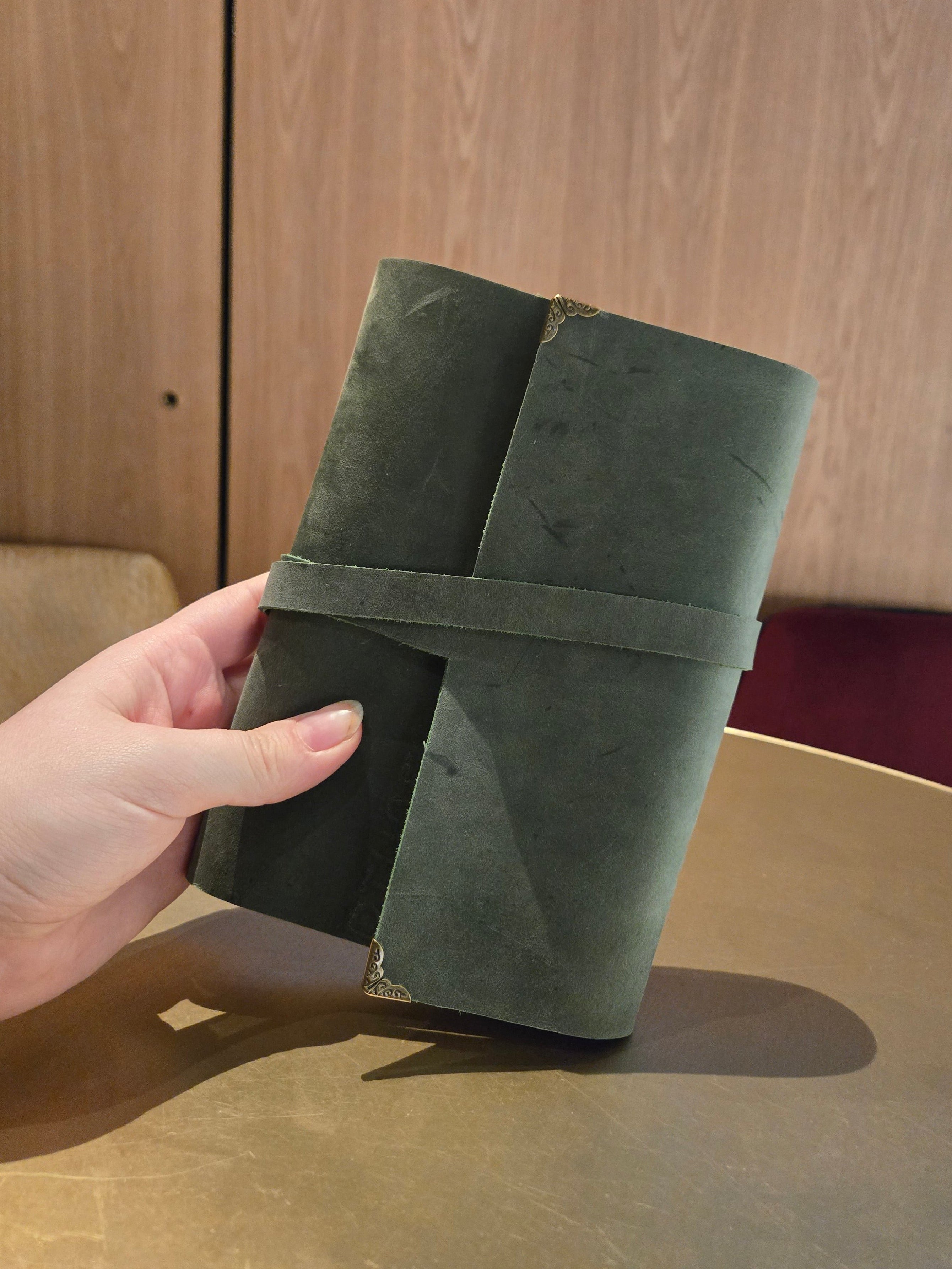 Dark Green Leather Tri-Fold Notebook Cover with leather wrap around closure