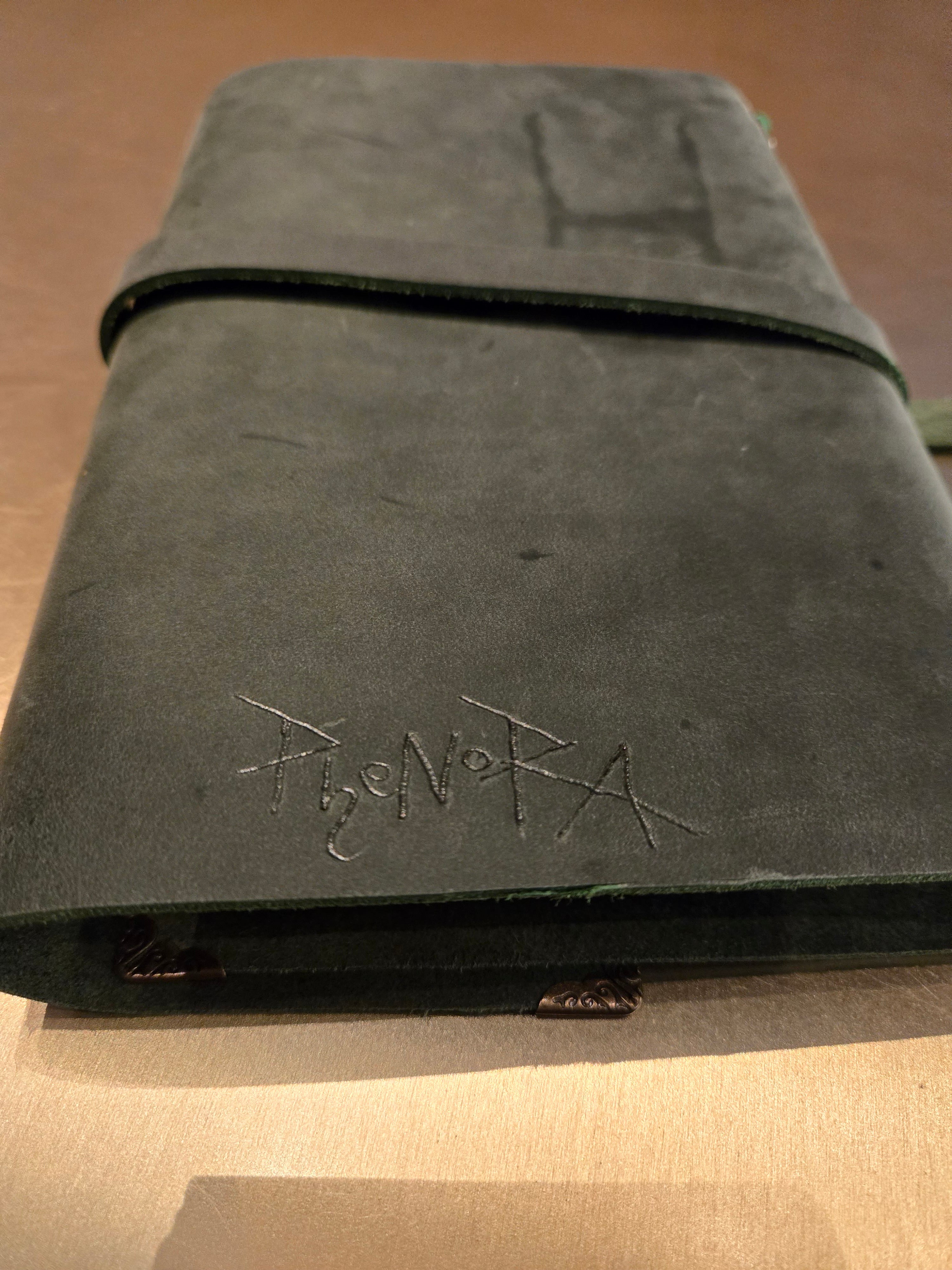 Dark Green Leather Tri-Fold Notebook Cover with leather wrap around closure