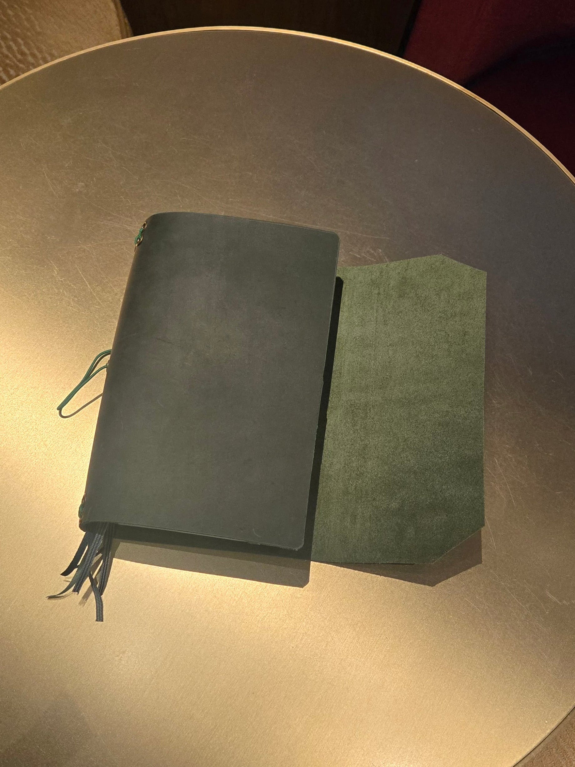 Dark Green Leather Tri-Fold Notebook Cover with elastic closure