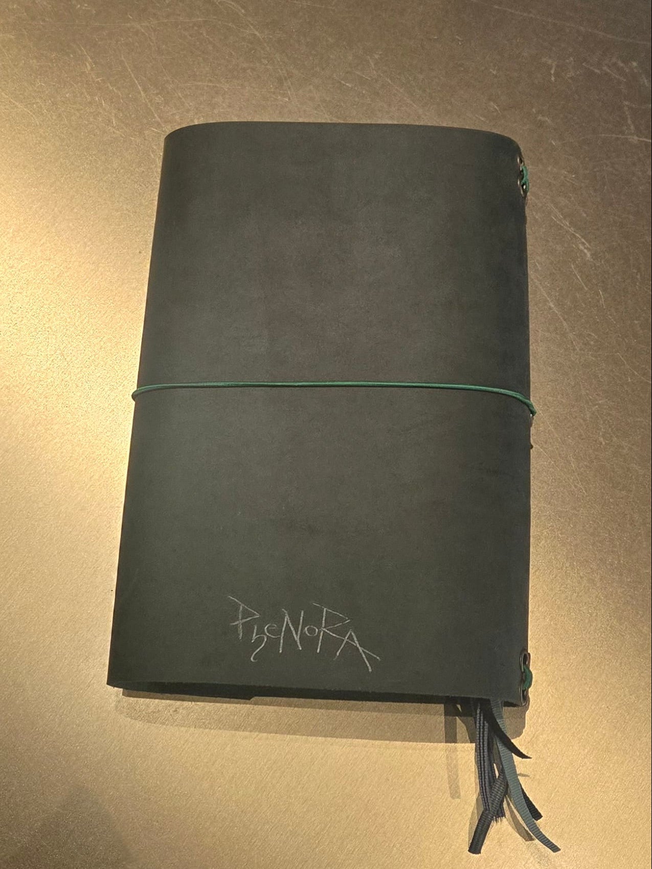 Dark Green Leather Tri-Fold Notebook Cover with elastic closure
