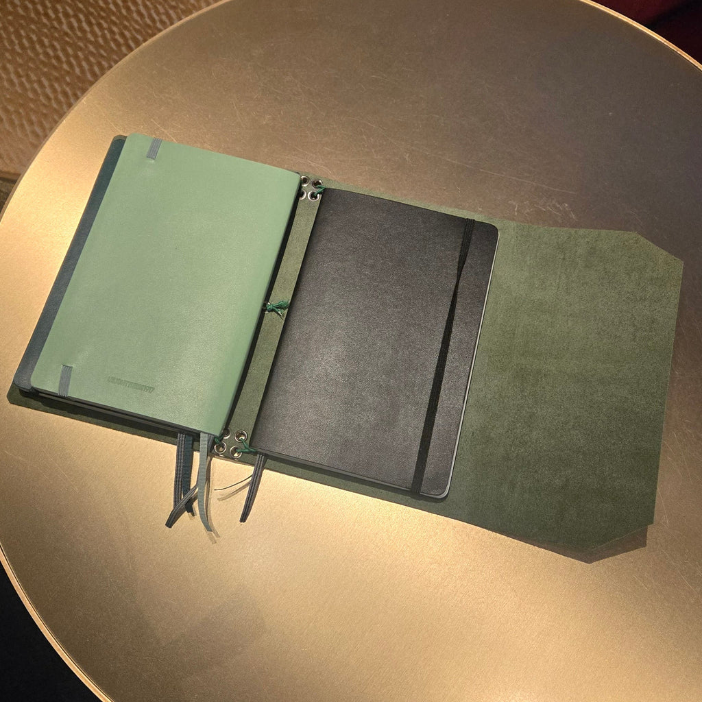 Dark Green Leather Tri-Fold Notebook Cover with elastic closure