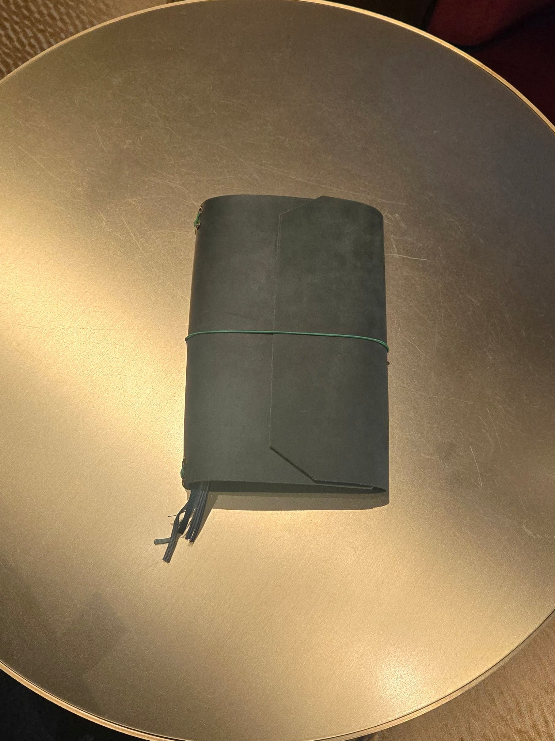 Dark Green Leather Tri-Fold Notebook Cover with elastic closure