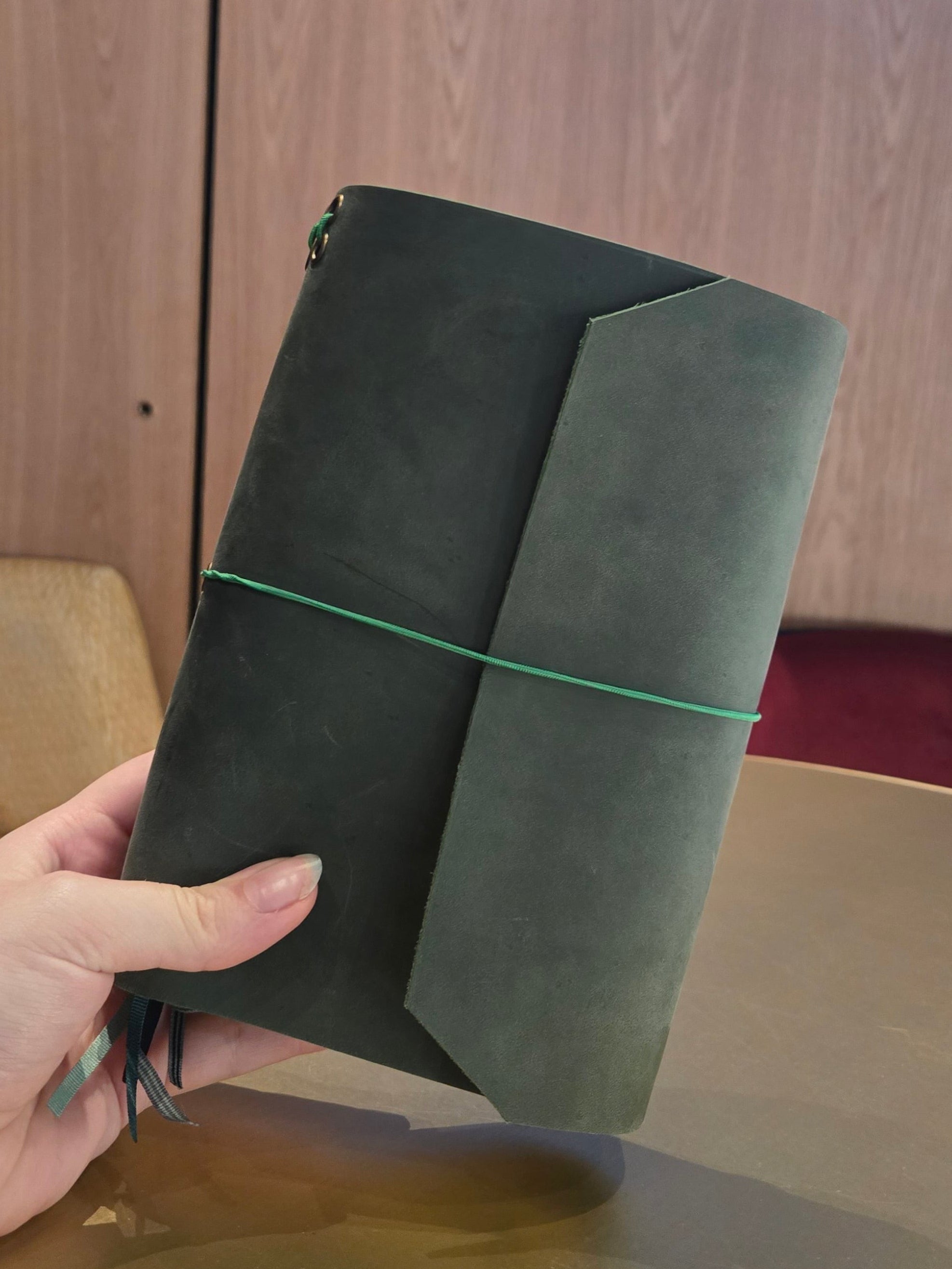 Dark Green Leather Tri-Fold Notebook Cover with elastic closure