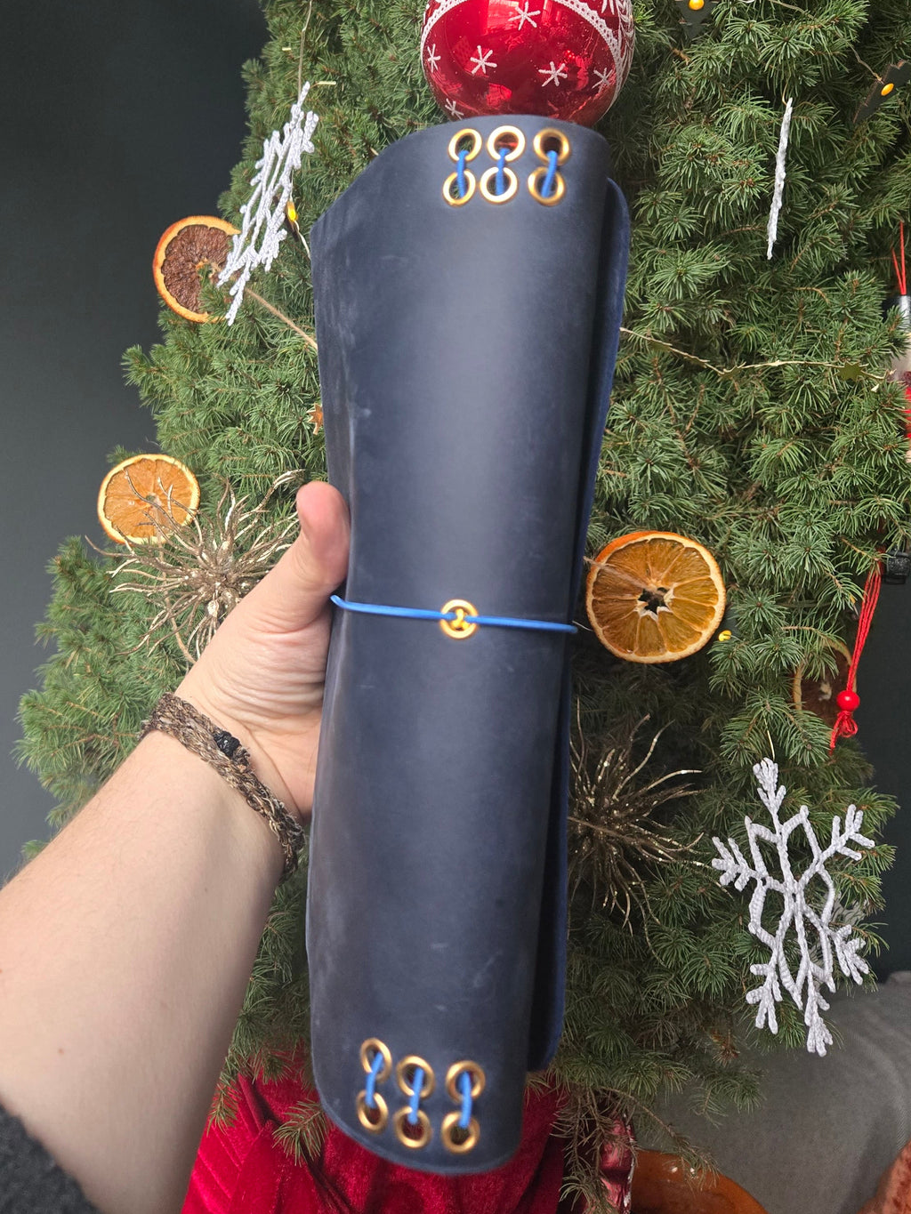 Navy Leather Tri-Fold Notebook Cover with elastic closure