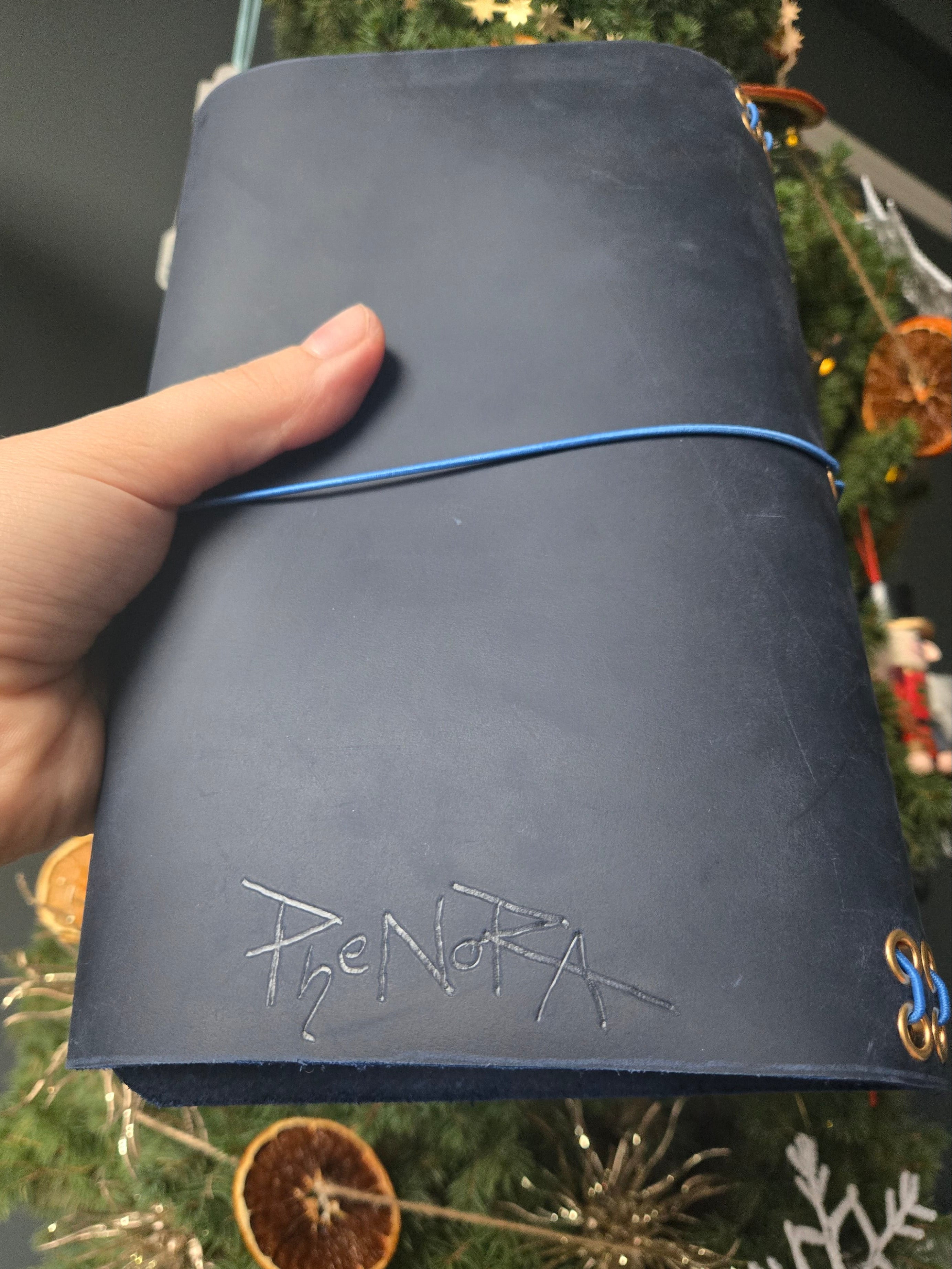 Navy Leather Tri-Fold Notebook Cover with elastic closure