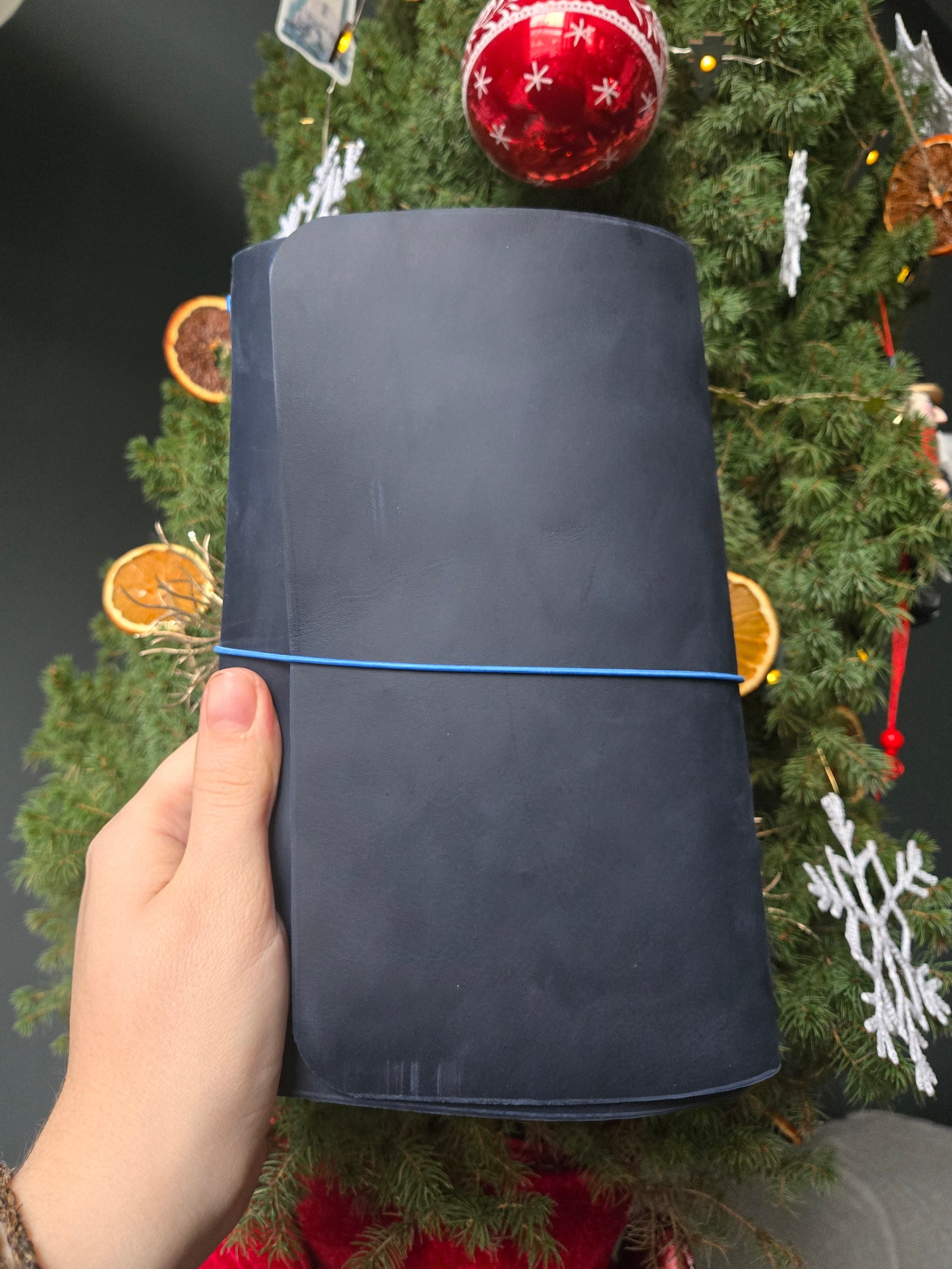 Navy Leather Tri-Fold Notebook Cover with elastic closure